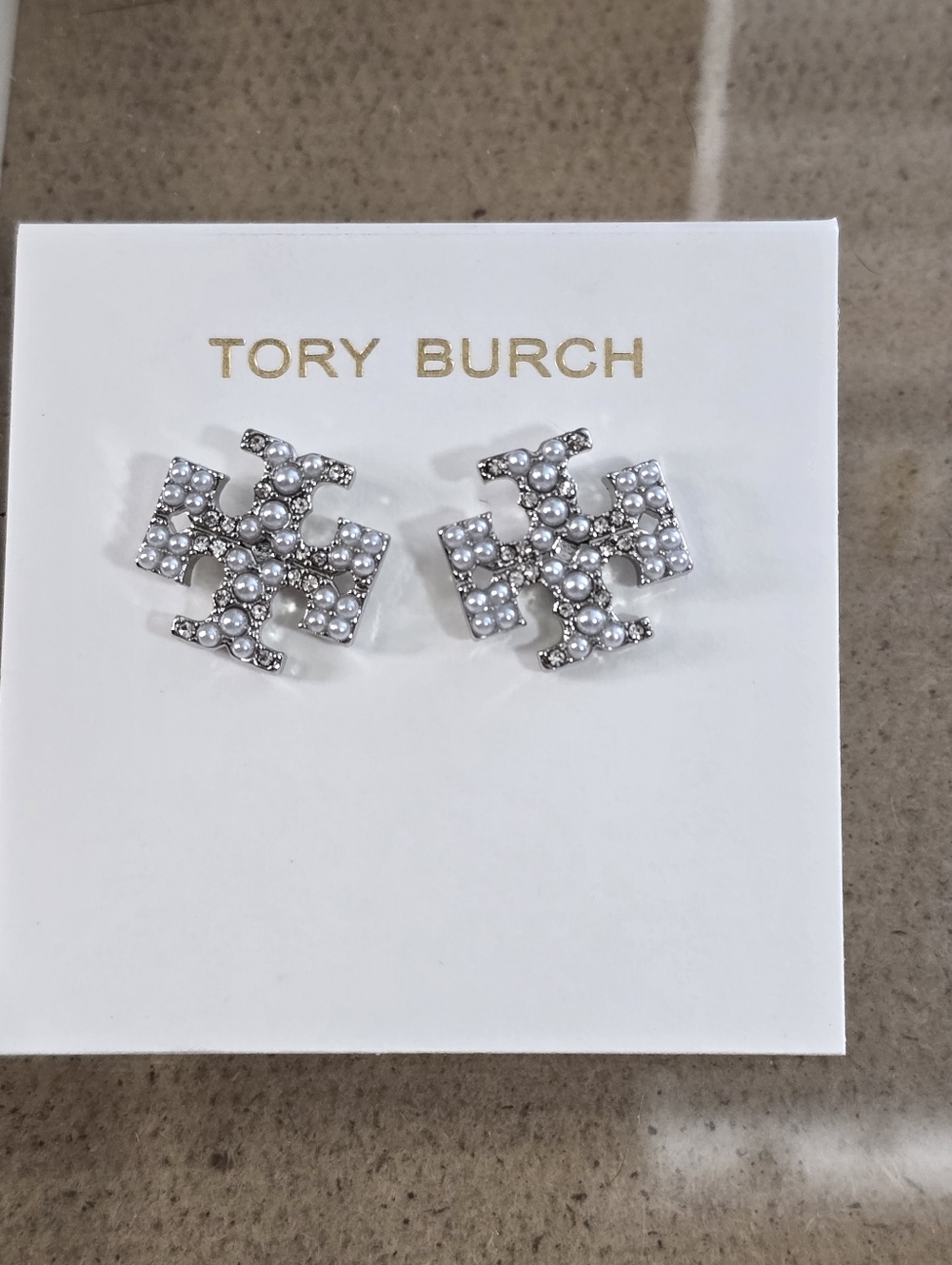 Tory Burch Silver Pearl & Crystal Logo Stud Earrings